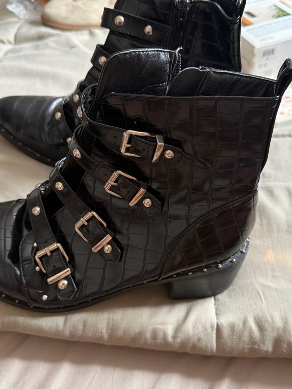 Catherine Malandrino Black Croc-Embossed Buckle Ankle Boots
